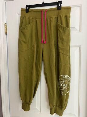 Anthropologie -Daily Practice Olive Green Jogger Pants with Hot Pink Drawstring
